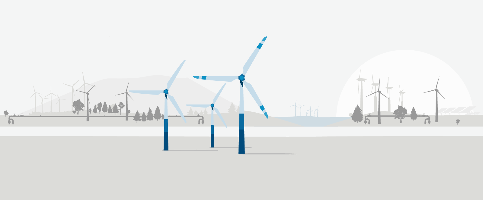 Graphic in blue and gray with several wind turbines in nature.