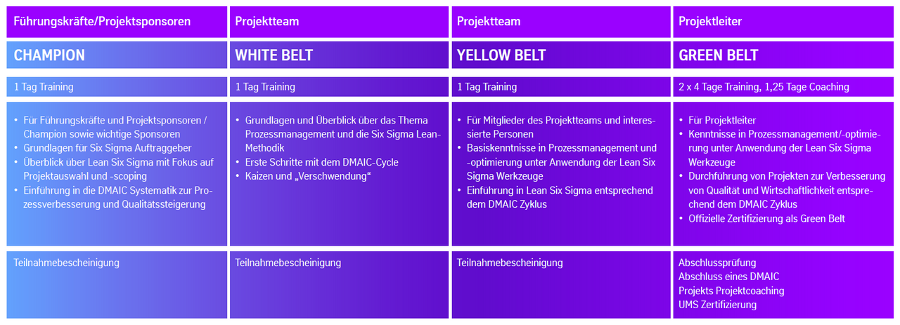 Dieses Bild zeigt tabellarisch die Schulungsübersicht der Six Sigma Schulungen: Champion Training, Yellow Belt und Green Belt