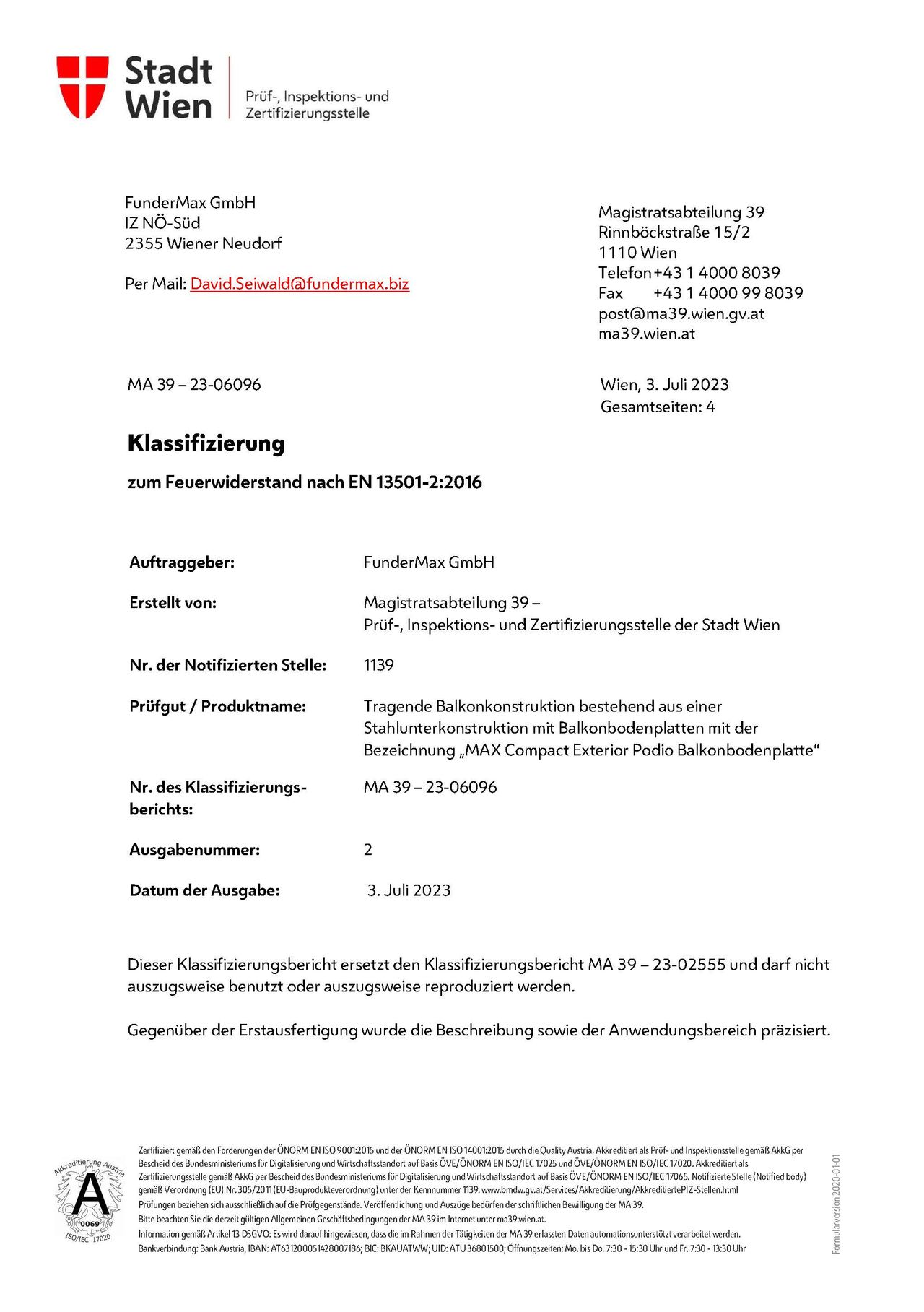 Feuerwiderstandsprüfung Podio