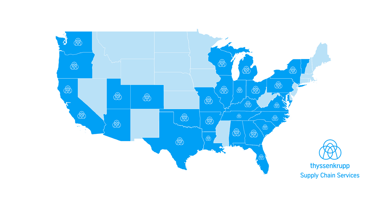 NA map of where thyssenkrupp Supply Chain Services is located in the United States