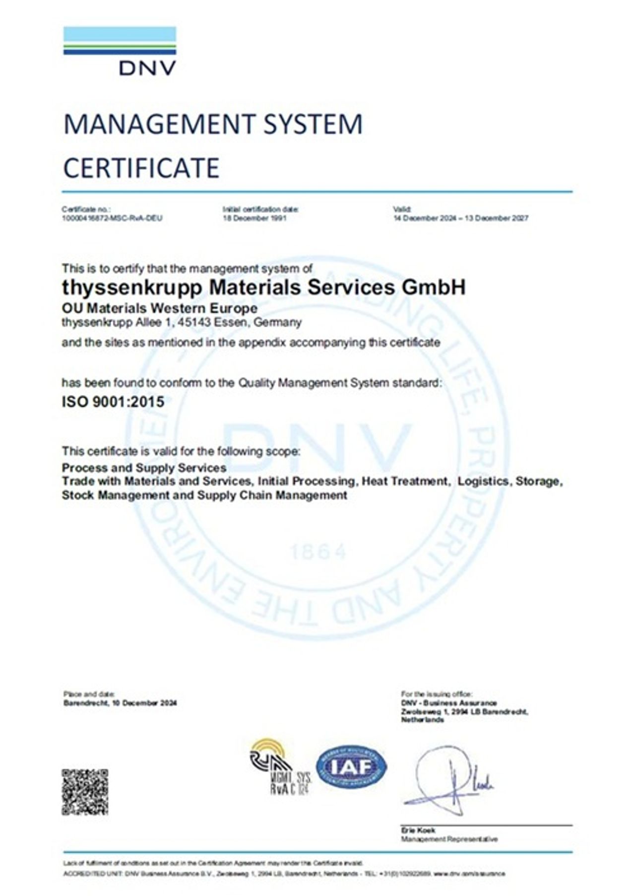 Certificat de qualité ISO 9001:2015