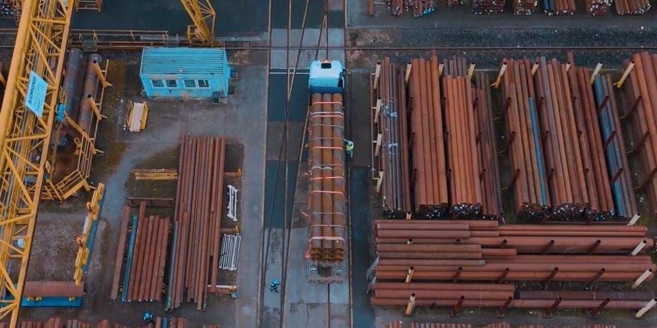 Lager für Großrohre von thyssenkrupp Schulte, Drohnenaufnahme von oben